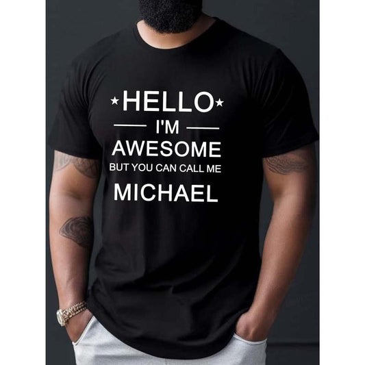 Men's 'Hello I'm Awesome' Michael Crew Neck T-Shirt - Polyester Casual Tee with Geometric Pattern and Slight Stretch for Summer Made in USA