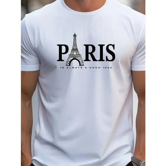 Men's 'PARIS' Eiffel Tower Print Short Sleeve Crew Neck T-shirt For Summer, Casual Comfy Stylish Tee As Gift Made in USA