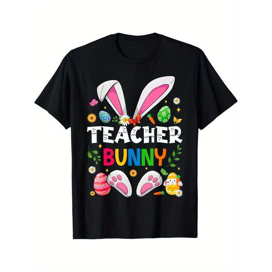 Men's "Teacher Bunny" Easter T-Shirt - Soft 100% Cotton, Comfortable Crew Neck, Vintage Fashion with Colorful Spring Design - Ideal for Summer Outdoor Activities & Teacher Appreciation Gift Made in USA