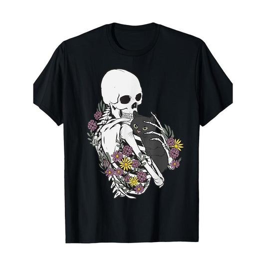 Men's 100% Cotton Skull & Cat Graphic Tee - Casual Short Sleeve Crew Neck T-Shirt, Breathable & Soft for All Seasons Made in USA