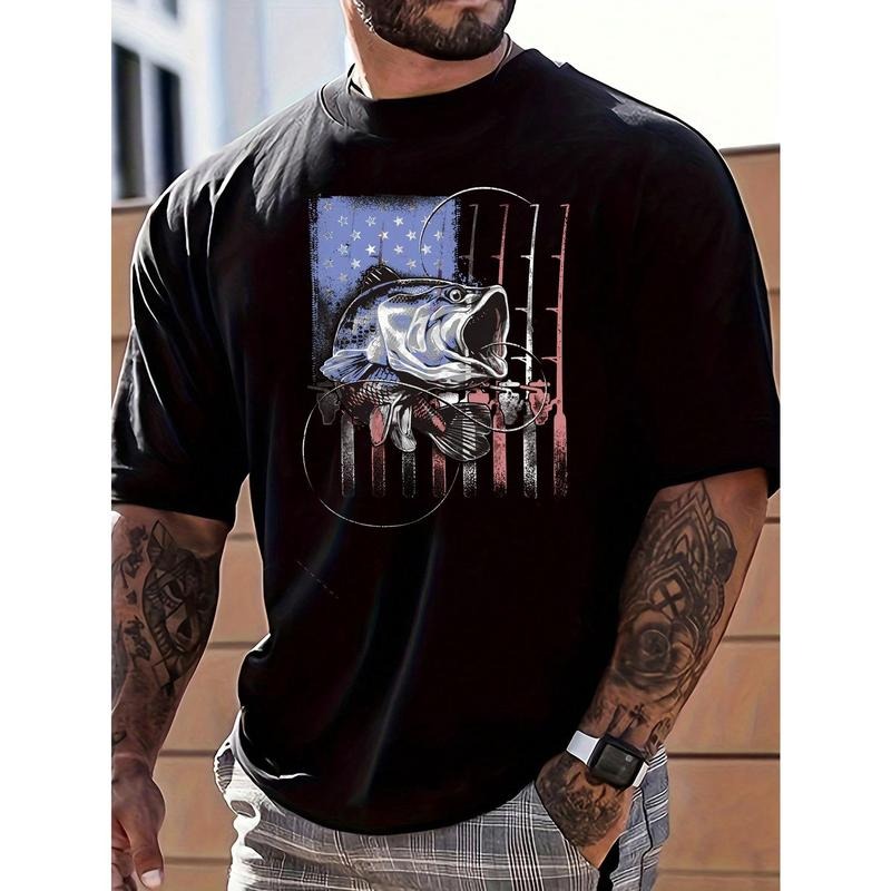 Men's American Flag & Fish Print Short Sleeve T-Shirt Made in USA