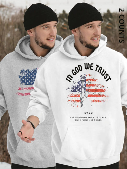 Men's American Flag Print Drop Shoulder Hoodie, Fashion Casual Regular Fit Drawstring Pocket Hooded Sweatshirt for Daily Holiday Outdoor Wear, Men Clothes for Fall & Winter