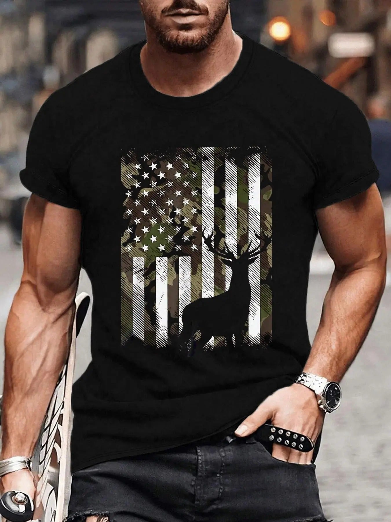 Men's American Flag Print Round Neck Tee, Regular Fit Casual Fashion Short Sleeve T-shirt for Daily Wear, Men's Top for All Seasons
