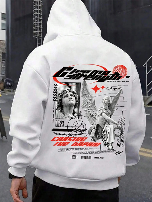 Men's Angel & Letter Print Drop Shoulder Hoodie, Fashion Casual Regular Fit Drawstring Pocket Hooded Sweatshirt for Daily Holiday Outdoor Wear, Men Clothes for Fall & Winter
