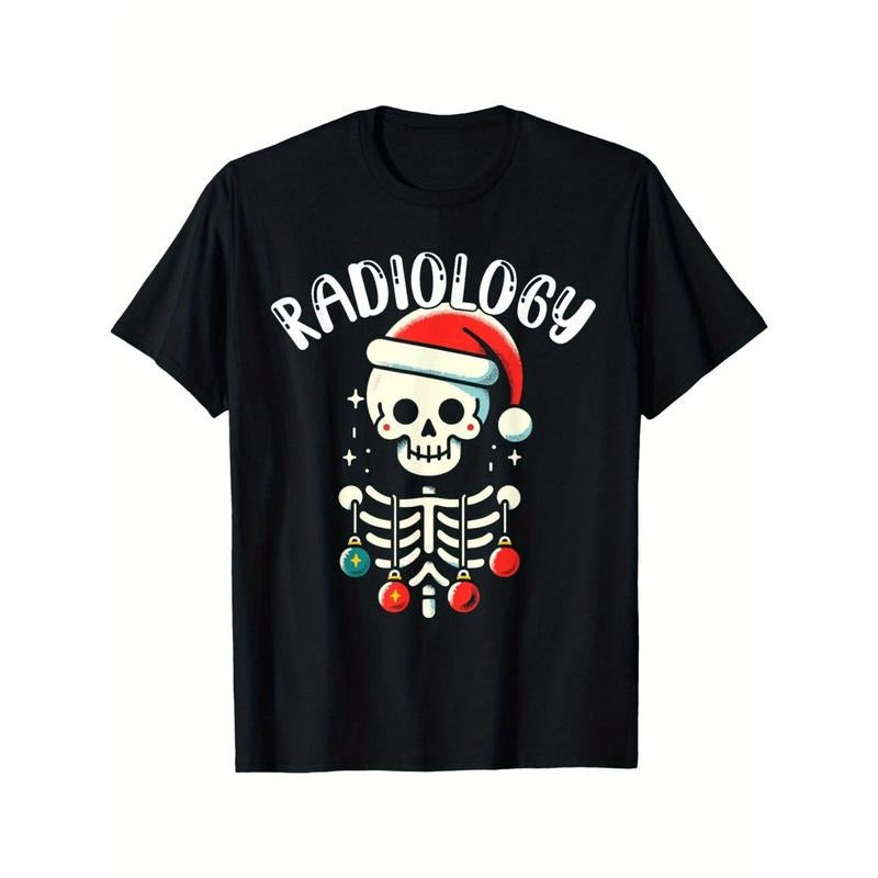 Men's Black Cotton T-Shirt - Radiology Christmas Skeleton with Santa Hat X-Ray Tech Tee made in usa