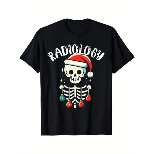 Men's Black Cotton T-Shirt - Radiology Christmas Skeleton with Santa Hat X-Ray Tech Tee made in usa
