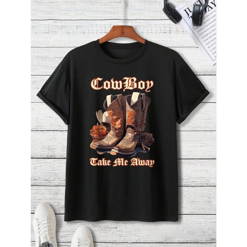 Men's Boots And Letter Print T-Shirt Made in USA