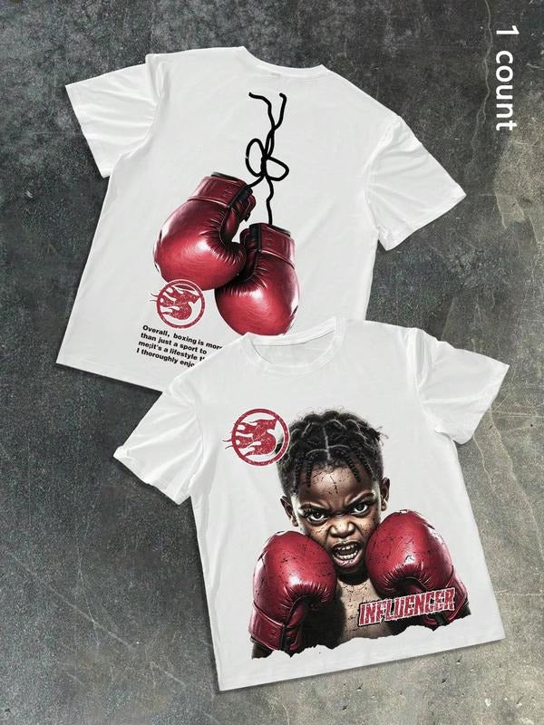 Men's Boxing Gloves & Letter Print Round Neck Tee, Regular Fit Casual Short Sleeve Crew Neck T-Shirt for Summer, Fashion Men's Top for Daily Wear, Tropical