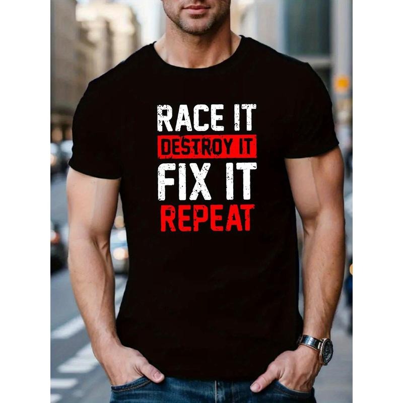 Men's Breathable Casual Short Sleeve Round Neck T-Shirt - Soft Exquisite Sports Top with RACE IT FIX IT Pattern Print Made in USA