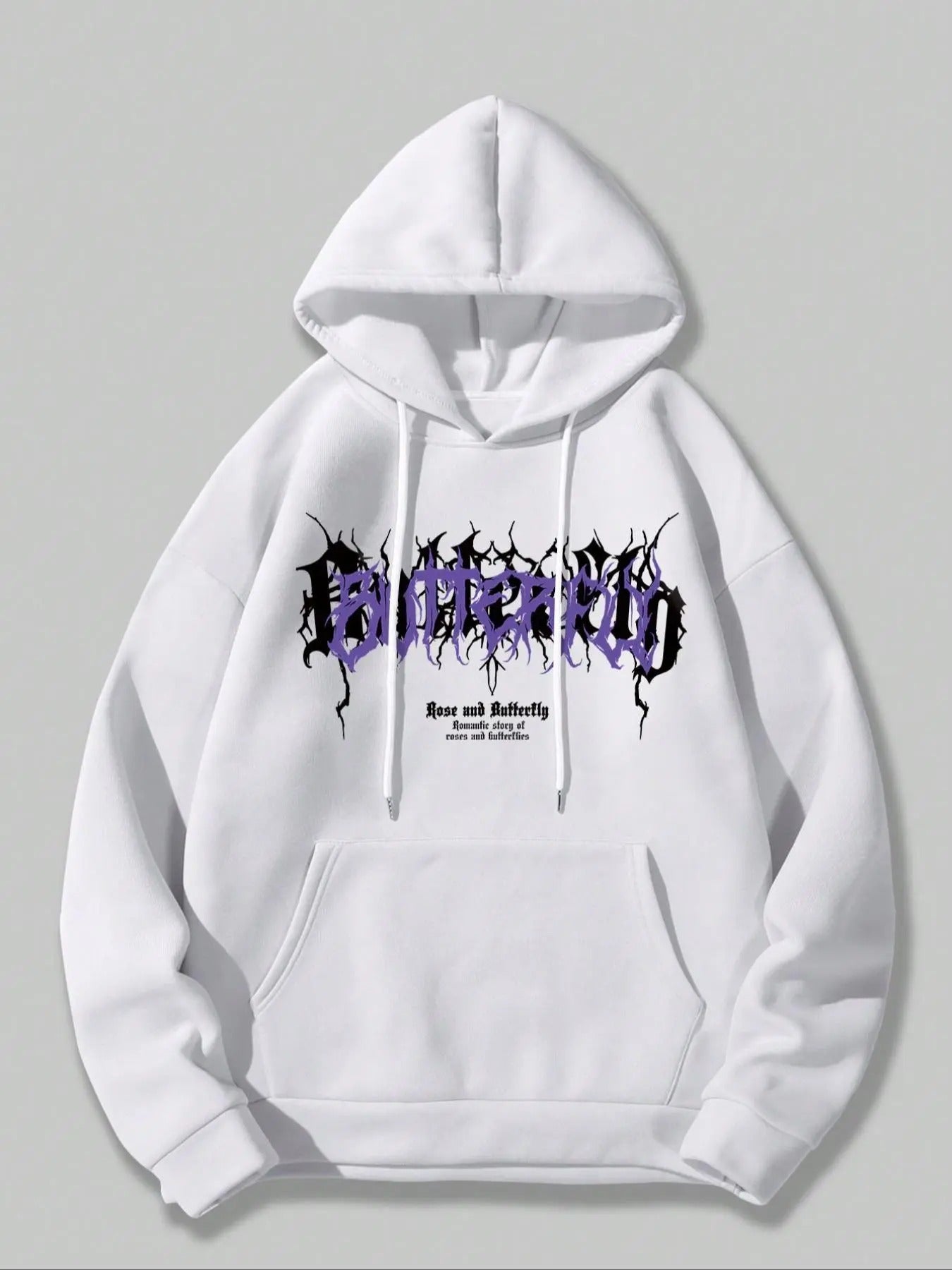 Men's Butterfly & Letter Print Drop Shoulder Thermal Lined Hoodie, Fashion Casual Regular Fit Drawstring Pocket Hooded Sweatshirt for Daily Holiday Outdoor Wear, Men Clothes for Fall & Winter