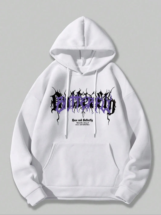 Men's Butterfly & Letter Print Drop Shoulder Thermal Lined Hoodie, Fashion Casual Regular Fit Drawstring Pocket Hooded Sweatshirt for Daily Holiday Outdoor Wear, Men Clothes for Fall & Winter