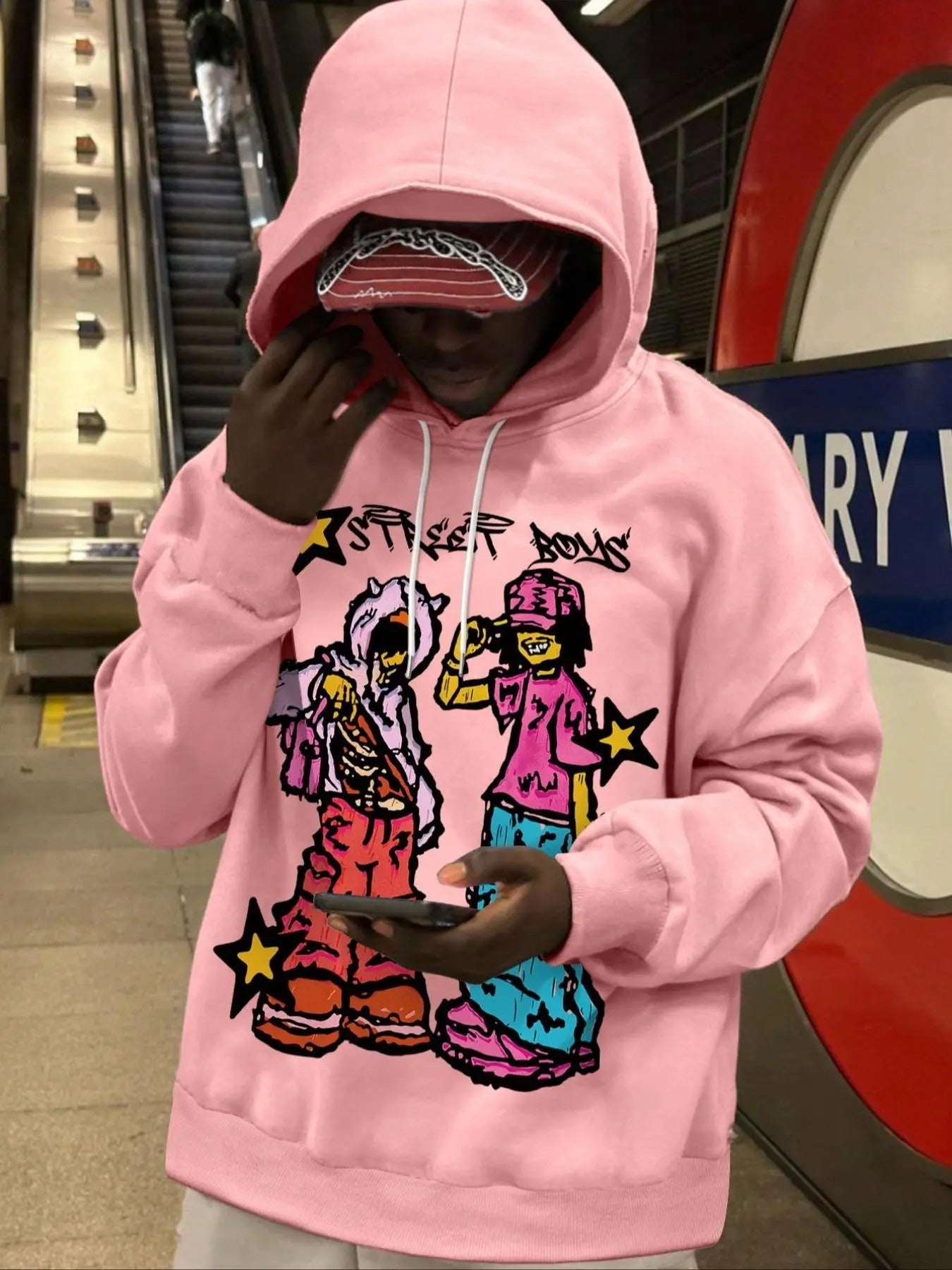 Men's Cartoon & Letter Print Drop Shoulder Thermal Lined Hoodie, Fashion Casual Regular Fit Drawstring Pocket Hooded Sweatshirt for Daily Holiday Outdoor Wear, Men Clothes for Fall & Winter