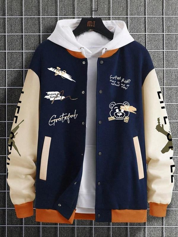 Men's Cartoon Bear & Letter Print Graphic Drop Shoulder Varsity Jacket without Inner Top, Loose Casual Preppy Style Long Sleeve Pocket Button Front Outerwear for Daily Wear, Men's Clothes for All Seasons Varsity Hoodie