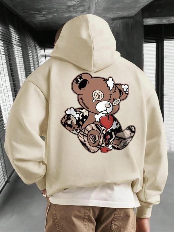 Men's Cartoon Bear Print Drop Shoulder Hoodie, Fashion Casual Regular Fit Drawstring Pocket Hooded Sweatshirt for Daily Holiday Outdoor Wear, Men Clothes for Fall & Winter