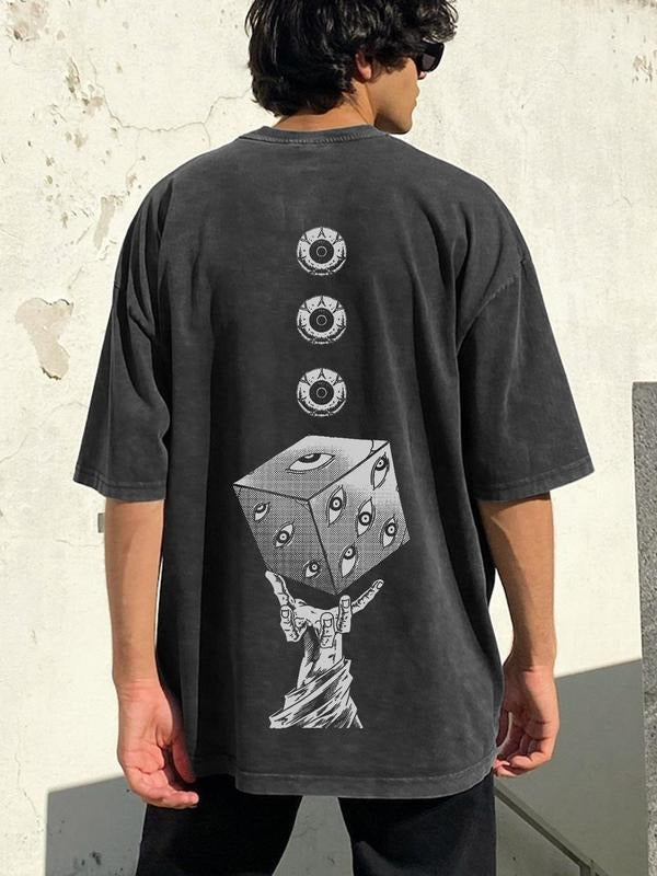 Men's Cartoon Dice Print Wash Denim-Effect Short Sleeve Tee, Regular Fit Casual Street Round Neck T-shirt for Summer, Menswear for Daily Wear, Top, Cotton