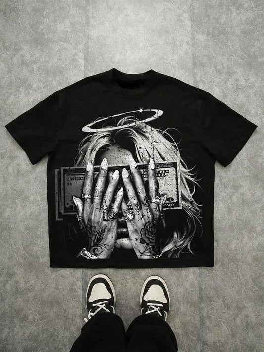 Men's Cartoon Face Print Round Neck Tee, Regular Fit Casual Fashion Shortsleeve T-shirt for Summer, Men's Top for Daily...