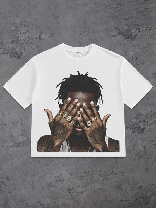 Men's Cartoon Face Print Round Neck Tee, Regular Fit Casual Short Sleeve T-shirt, Men's Summer Top for Daily Wear,...