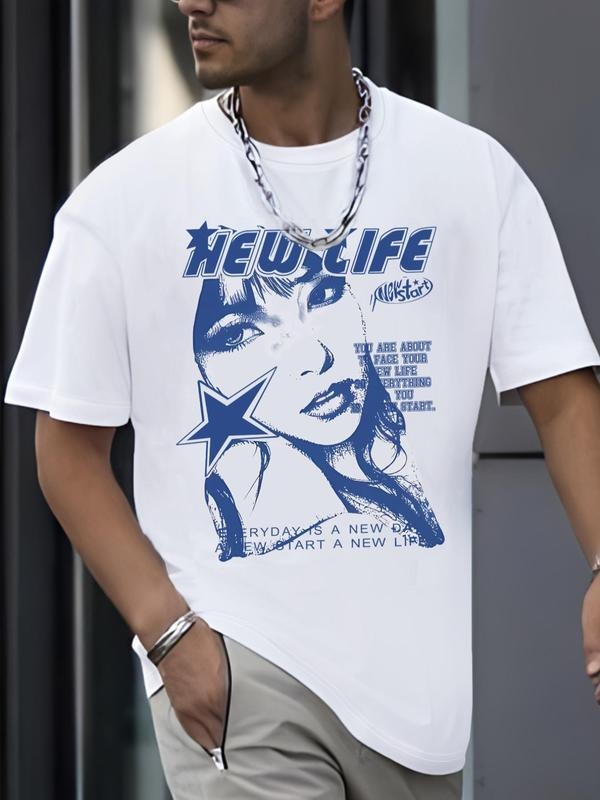 Men's Cartoon Girl Print Round Neck Tee, Regular Fit Casual Short Sleeve Crew Neck T-Shirt for Summer, Fashion Men's Top for Daily Wear