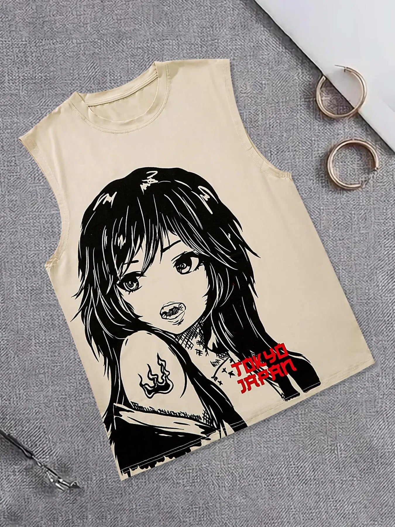 Men's Cartoon Girl Print Tank Top, Regular Fit Casual Sleeveless Round Neck Top for Summer, Men's Top for Daily Wear, Socks