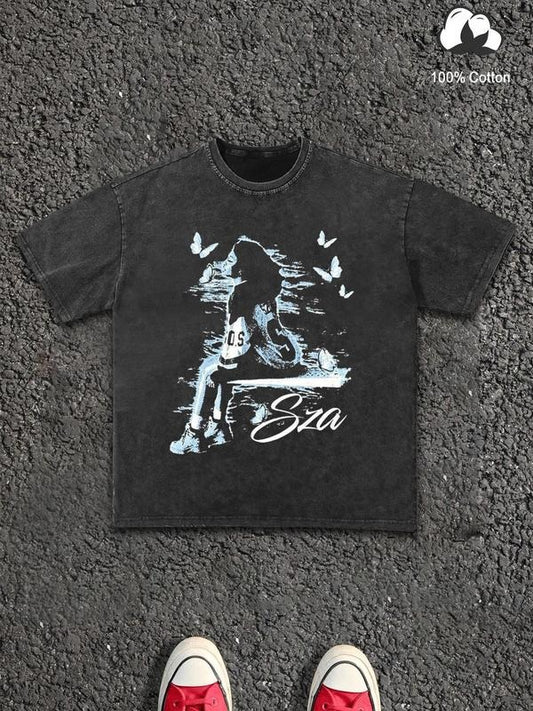 Men's Cartoon Girl Print Wash Tee, Regular Fit Casual Short Sleeve Round Neck T-Shirt for Summer, Men's Top for Daily...