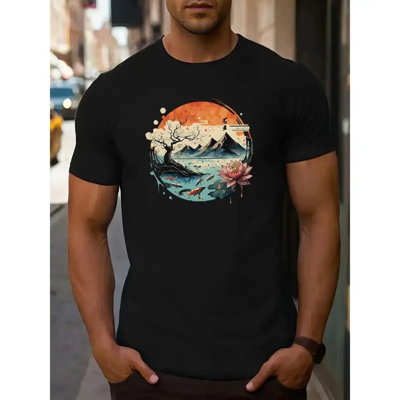 Men's Casual Athletic Short Sleeve T-Shirt - Round Neck with Stylish Letter Print, Machine Washable MADE IN USA