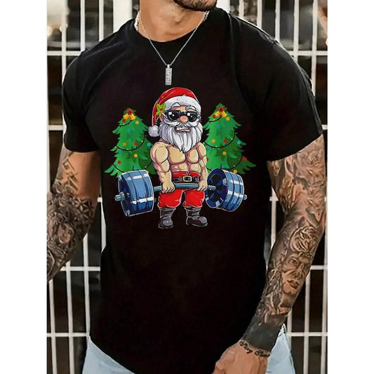 Men's Casual Christmas Themed Print - Santa Claus With Sunglasses, Christmas Tree Short Sleeve T-Shirt Made in USA