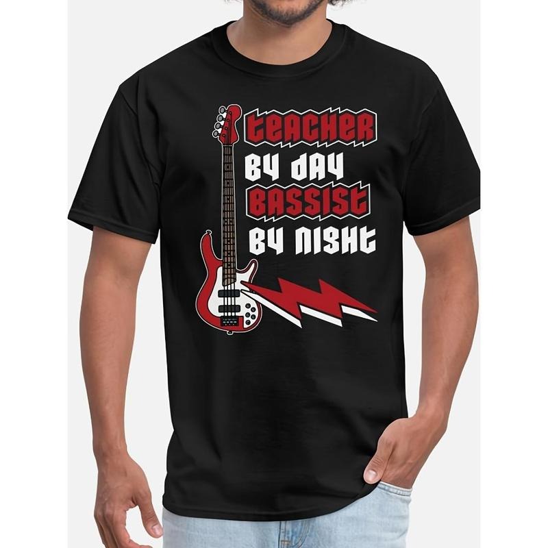 Men's Casual Cotton T-Shirt, Street Style, Day Teacher Night Bass Player, Bass Beat Men's Costume, Perfect for Halloween and Christmas, Holiday Unique Gift Ideas Made in USA