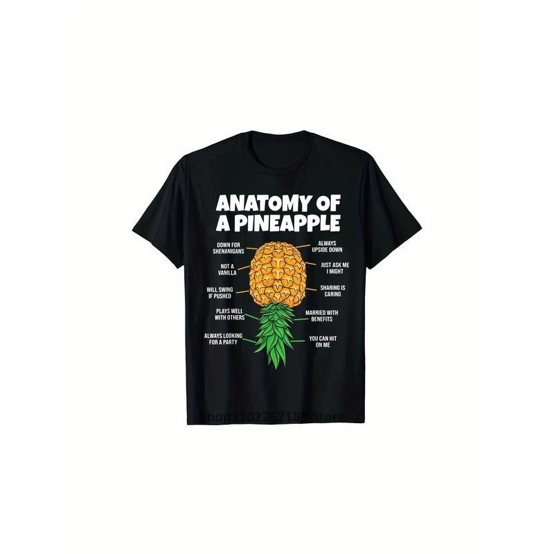 Men's Casual Fashion T-Shirt - 100% Cotton, Geometric Pineapple Print, Crew Neck, Short Sleeve, Machine Washable - Perfect for Summer Streetwear made in usa