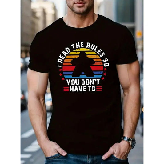 Men's Casual Short-Sleeve T-Shirt - Round Neck with Unique Letter Print Design, Machine Washable MADE IN USA