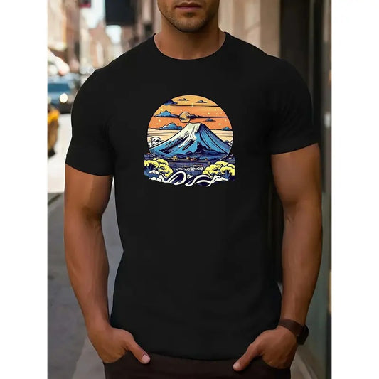 Men's Casual Short Sleeve T-Shirt with Mountain and Ocean Design, Knit Fabric, Round Neck, Regular Fit, Alphabet Pattern Detail - Top Type MADE IN USA