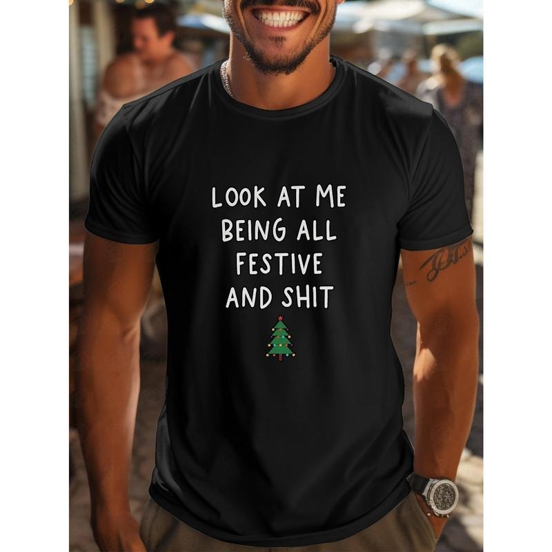 Men's Casual Short-Sleeve T-Shirt with Unique Letter Print - Breathable Polyester, Crew Neck, Perfect for Summer Outings Made in USA