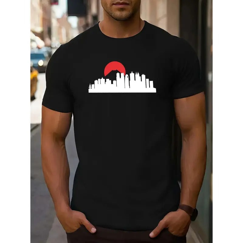 Men's Casual Short-Sleeve T-Shirt with Unique Sunset & City Print -  Round Neck, Machine Washable - Perfect for Summer Outdoor Activities MADE IN USA