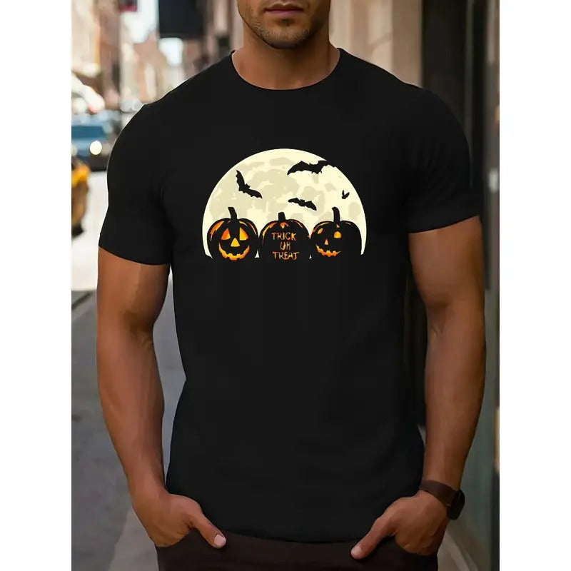 Men's Casual Sports Short Sleeve T-Shirt, Round Neck, Halloween Pumpkin & Moon Design, Stretch Knit Fabric, Regular Fit, Fashionable Top for Trick or Treat MADE IN USA