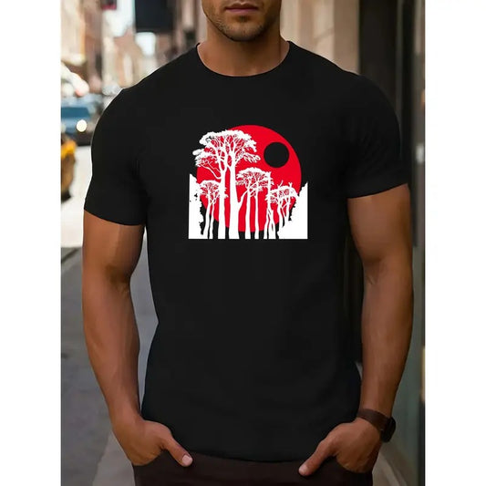 Men's Casual Sports Short Sleeve T-Shirt, Round Neck, Letter Print, Pattern Detail, Relaxed Fit, Stretch Knit Fabric, Regular Size, Athletic Tee MADE IN USA