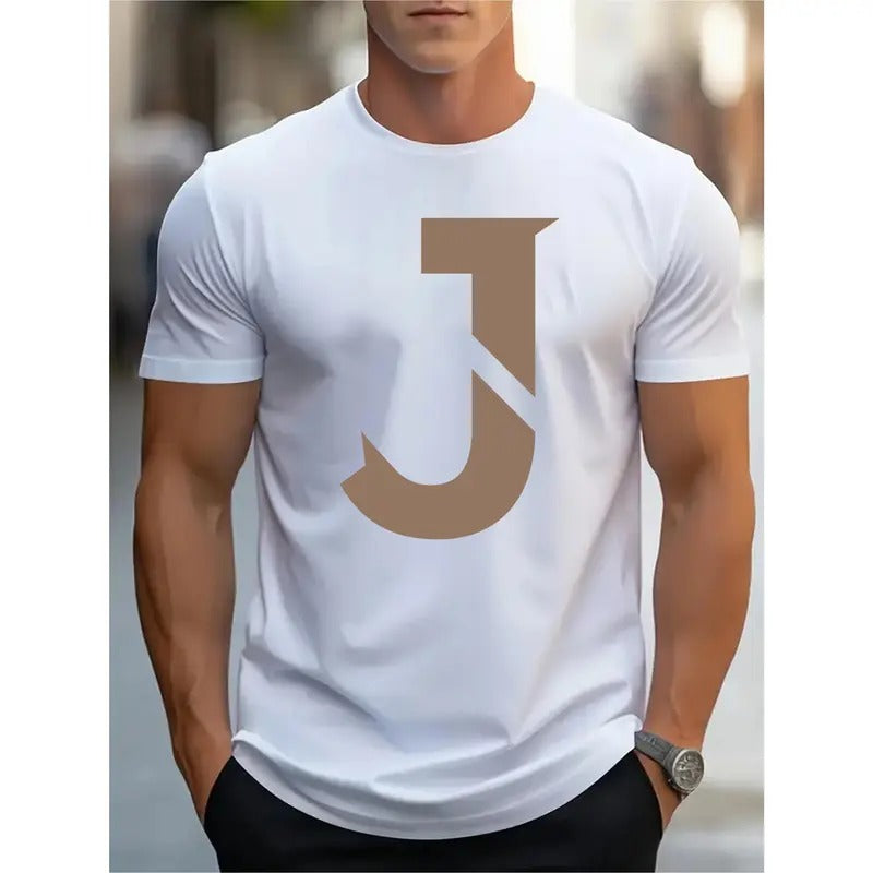 Men's Casual Street Style T-Shirt with Simple Letter J Design- Breathable cotton, Round Neck, Short Sleeve Summer Tee Made in USA