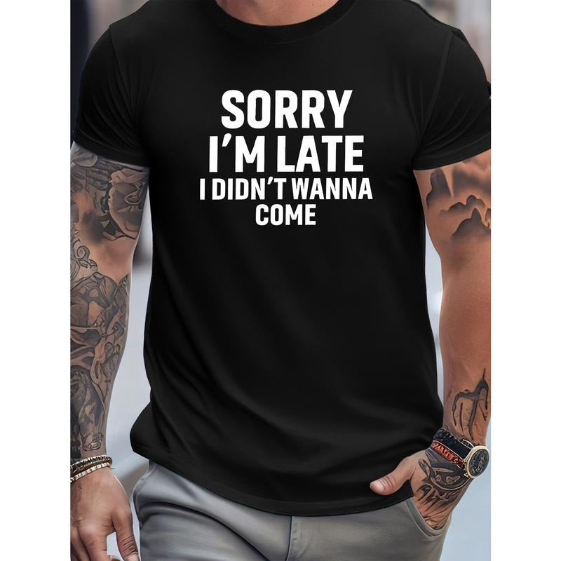 Men's Casual T-Shirt with Funny Slogan, Crew Neck, Short Sleeve, Regular Fit, Rib-Knit Summer Tee with Slight Stretch - Alphabetic Print Knit Fabric Top Made in USA