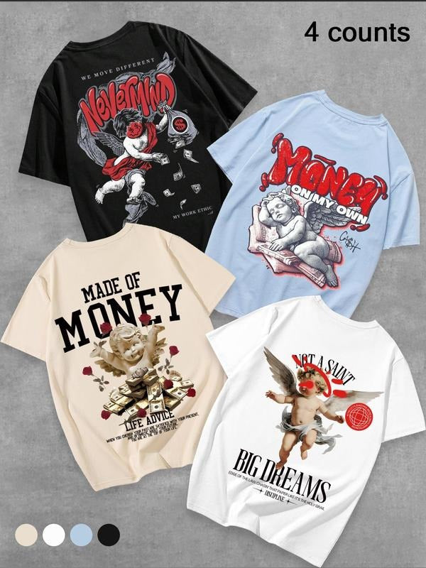 Men's Cherub & Letter Print Short Sleeve Tee, Casual Round Neck T-shirt for Daily Wear, Men's Top for All Seasons Hoodie,...