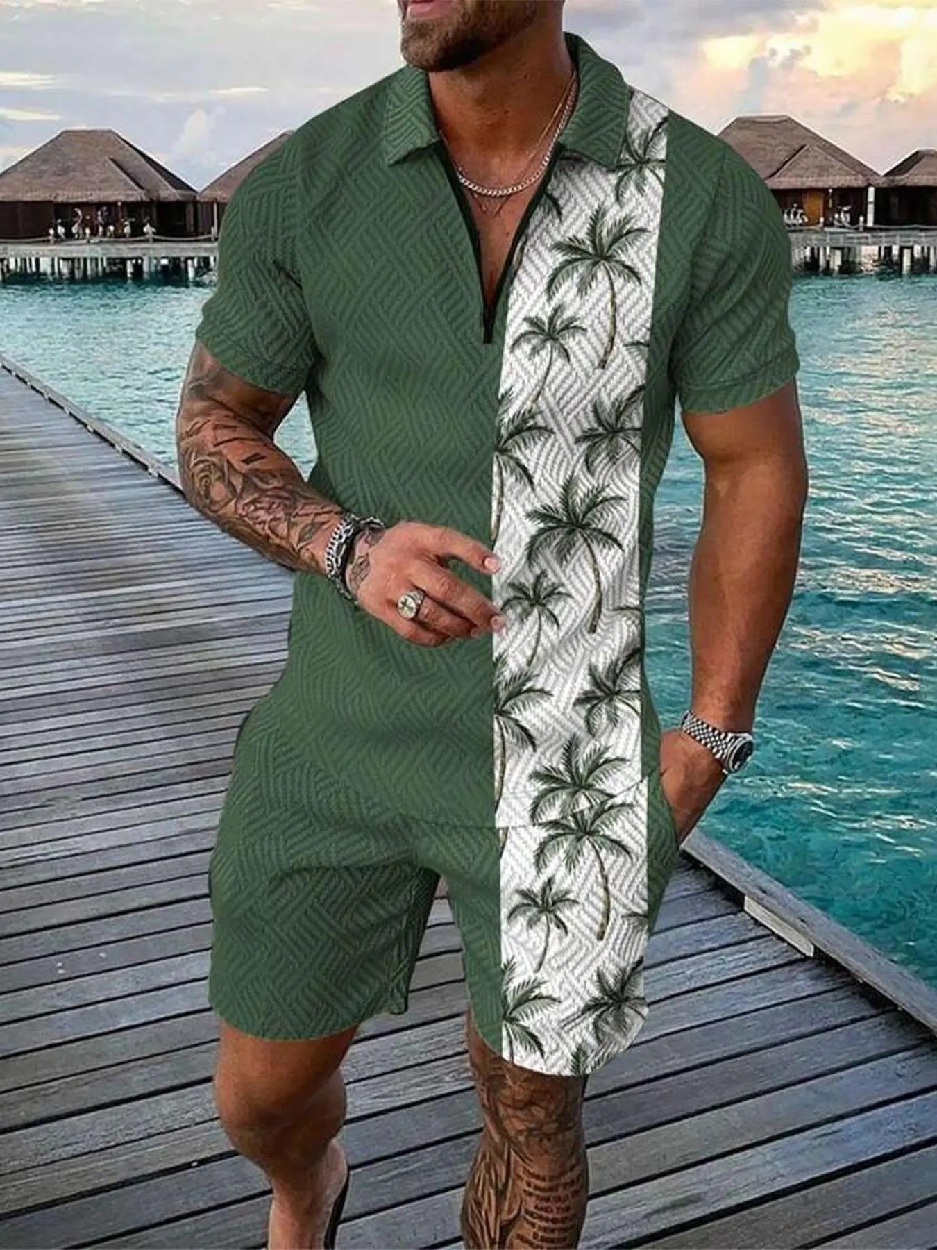 Men's Coconut Tree Print Short Sleeve Tee & Shorts Set, Regular Fit Casual Collar Neck Top & Shorts, Men's Summer Clothes for Vacation Holiday