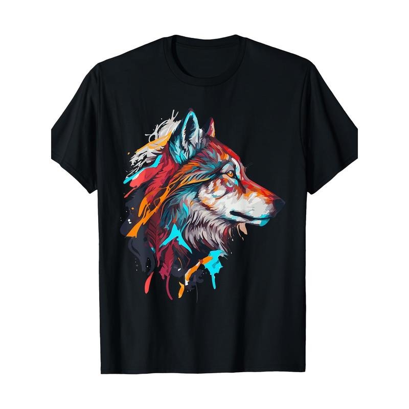Men's Colorful Wolf Portrait Graphic Tee - 100% Cotton, Short Sleeve, Crew Neck, Casual Fit, Machine Washable - Perfect for All Seasons Made in USA