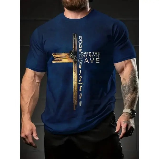 Men's Comfy Summer Tee - Cross Pattern Print Short Sleeve T-Shirt for Daily Activity Made in USA