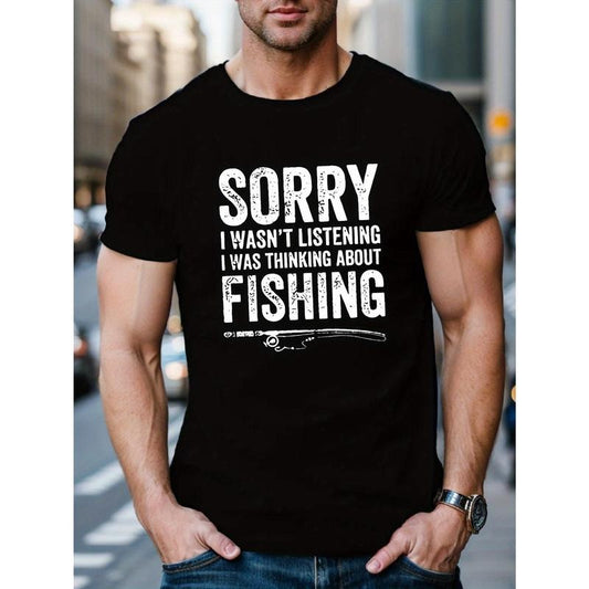 Men's Crew Neck T-Shirt - Casual Summer Knit Fabric Top with Fishing Graphic Print, Slight Stretch Regular Fit Geometric Pattern Tee Made in USA