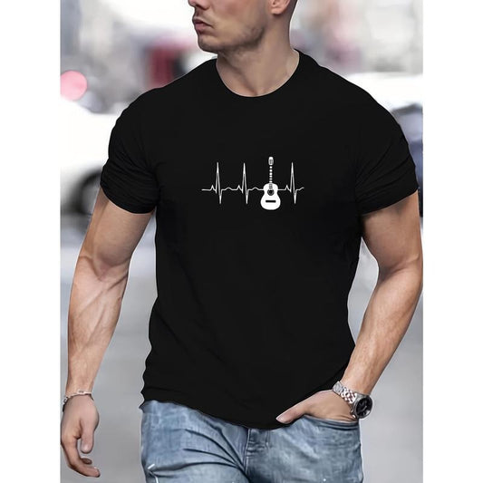 Men's Crew Neck T-shirt, Electric And Heartbeat Pattern Summer Top For Casual And Street Wear Made in USA