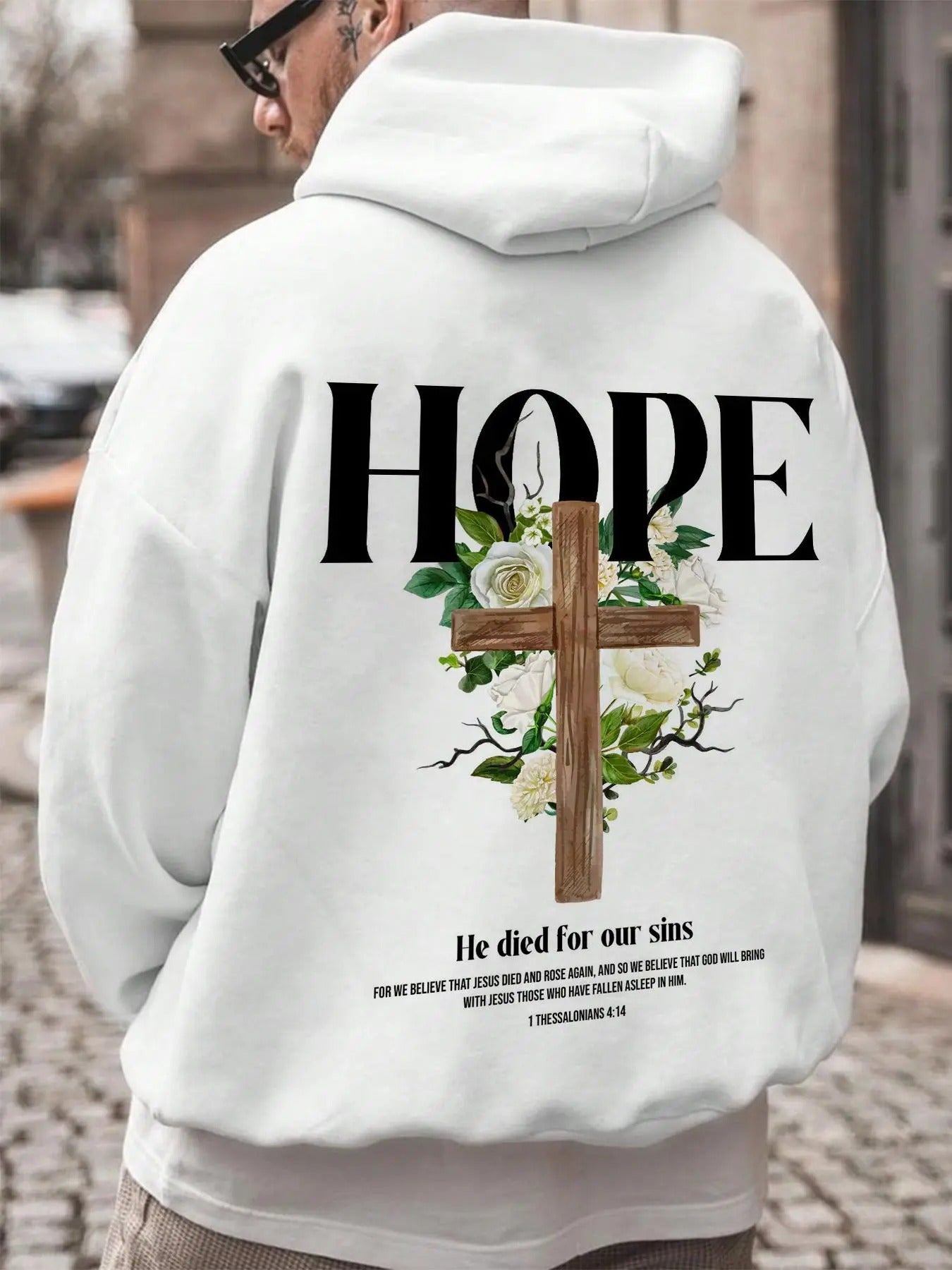 Men's Cross & Floral & Letter Print Drop Shoulder Hoodie, Fashion Casual Regular Fit Drawstring Pocket Hooded Sweatshirt for Daily Holiday Outdoor Wear, Men Clothes for Fall & Winter, Clothing