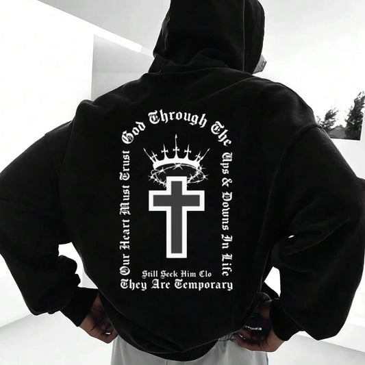 Men's Cross & Letter Print Drop Shoulder Hoodie, Fashion Casual Regular Fit Drawstring Pocket Hooded Sweatshirt for Daily Holiday Outdoor Wear, Men Clothes for Fall & Winter