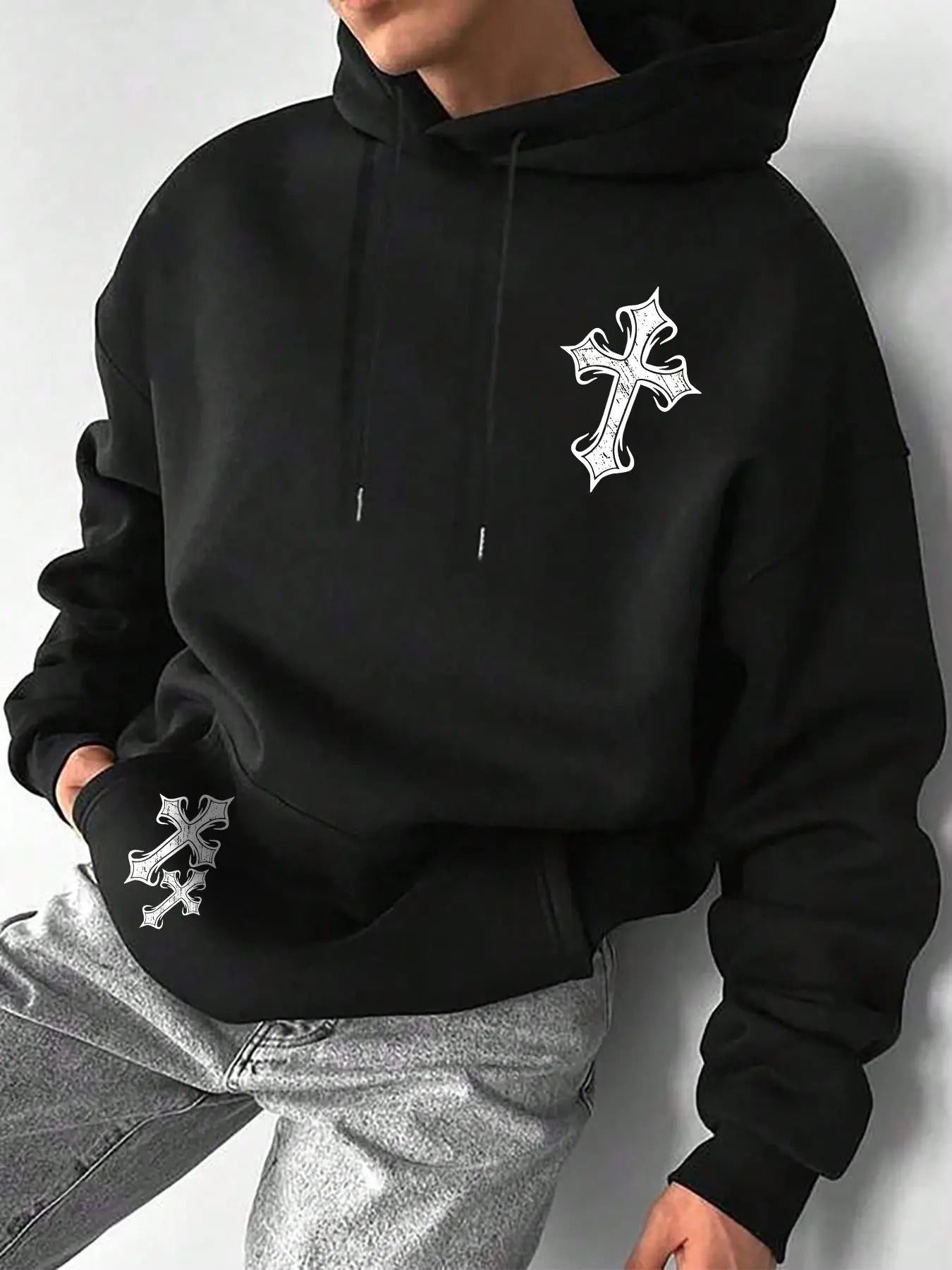 Men's Cross Print Drop Shoulder Hoodie, Fashion Casual Regular Fit Drawstring Pocket Hooded Sweatshirt for Daily Holiday Outdoor Wear, Men Clothes for Fall & Winter, Fall Outfits, Fallfreshness