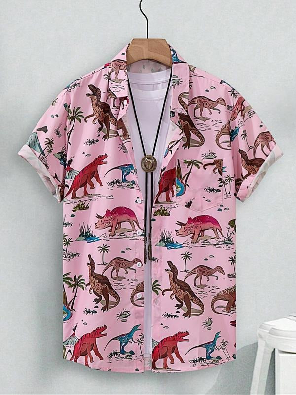 Men's Dinosaur Print Short Sleeve Shirt, Regular Fit Casual Cartoon Graphic Button Up Top for Beach Vacation, Fashion Men's Clothes for All Seasons, Menswear