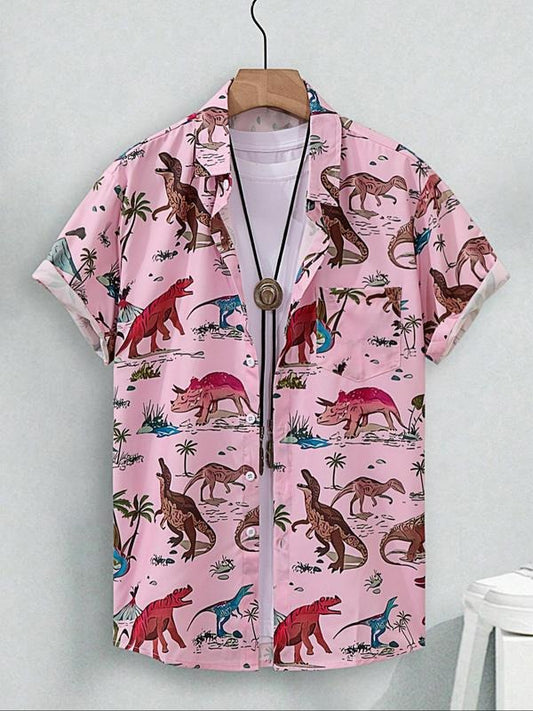 Men's Dinosaur Print Short Sleeve Shirt, Regular Fit Casual Cartoon Graphic Button Up Top for Beach Vacation, Fashion...
