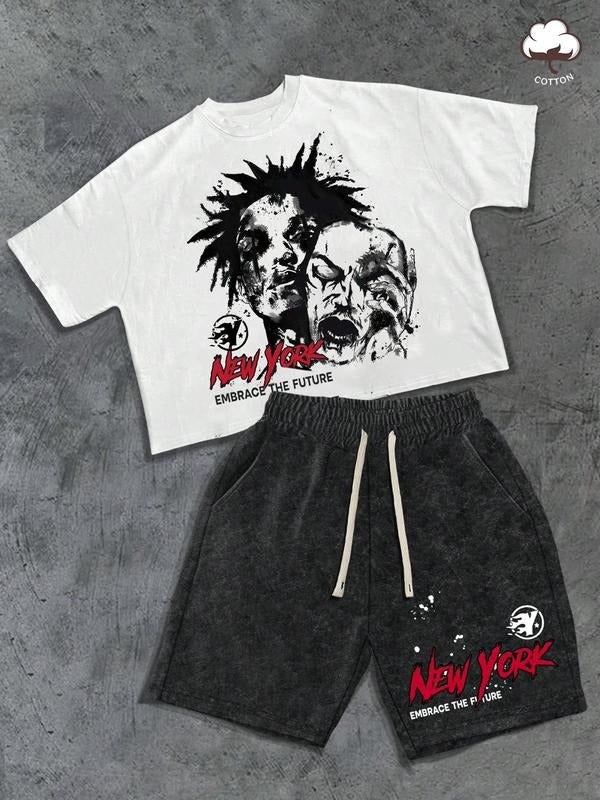 Men's Distressed Print Short Sleeve Tee & Pocket Shorts Two-Piece Set, Regular Fit Casual Round Neck T-shirt & Drawstring...