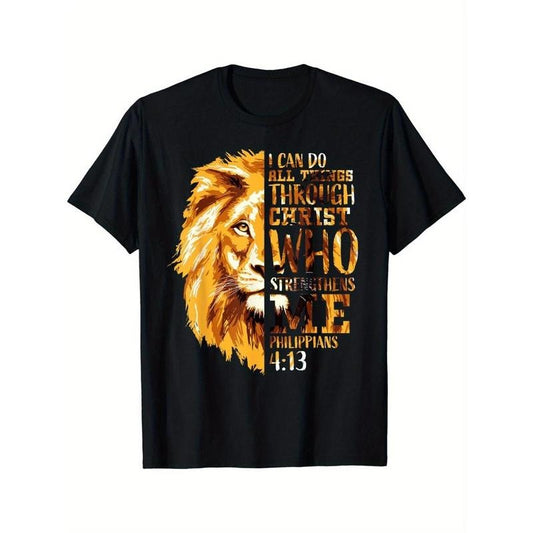 Men's Fashion Novelty T-Shirt: Lion Pattern "I Can Do All Things" Print Comfy Breathable Round Neck Short Sleeve Tee for Spring Summer Holiday Leisure Vacation Made in USA