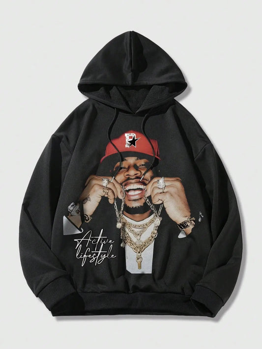 Men's Figure Print Drop Shoulder Hoodie, Fashion Casual Regular Fit Drawstring Hooded Sweatshirt for Daily Holiday Outdoor Wear, Men Clothes for Fall & Winter